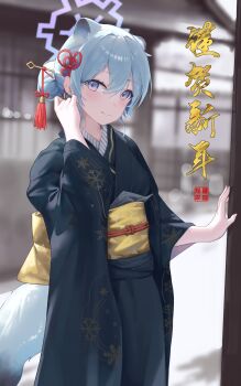 Rule 34 | 1girl, absurdres, alternate costume, animal ears, aqua hair, architecture, black kimono, blue archive, blue halo, blush, chinese commentary, chinese hairpin, closed mouth, commentary request, east asian architecture, extra ears, hair between eyes, hair bun, halo, highres, japanese clothes, kimono, looking at viewer, obi, purple eyes, sash, shen yu233, shigure (blue archive), short hair, smile, snow, solo, tail, translation request, weasel ears, weasel girl, weasel tail, yellow sash