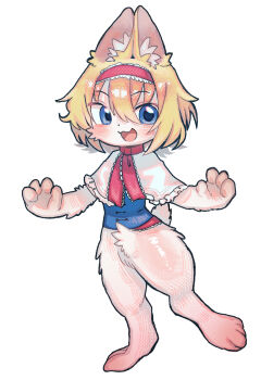 1girl :3 alice_margatroid animal_ear_fluff animal_ears blonde_hair blue_eyes blue_shirt blush bottomless capelet commentary_request cookie_(touhou) frilled_hairband frilled_neckerchief frills full_body furrification furry furry_female hairband highres ichigo_(cookie) looking_at_viewer melanin_shikiso neckerchief open_mouth rabbit_ears rabbit_girl rabbit_tail red_hairband red_neckerchief shirt short_hair simple_background smile solo tail touhou white_background white_capelet