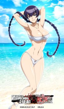1girl arifureta_shokugyou_de_sekai_saikyou armpits arms_behind_head bare_shoulders beach bikini braid breasts busujima_saeko cleavage collarbone copyright_name curvy front-tie_bikini_top front-tie_top full_body half-closed_eyes highres highschool_of_the_dead large_breasts legs long_hair looking_at_viewer ocean official_art purple_eyes purple_hair sandals seductive_gaze seductive_smile smile strapless strapless_bikini swimsuit thick_thighs thighs toned toned_female toned_stomach twin_braids wide_hips