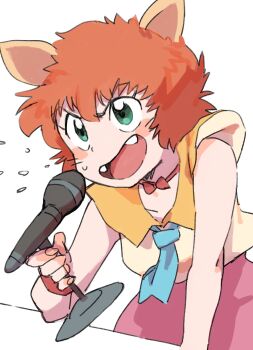 1girl animal_ears aqua_eyes blue_necktie bow bow_choker choker collarbone facial_mark fangs fox_ears fox_girl gan2 highres holding holding_microphone koto_(yu_yu_hakusho) microphone necktie open_mouth orange_hair red_bow red_choker shirt short_hair short_necktie simple_background sleeveless sleeveless_shirt solo spitting square-end_necktie v-shaped_eyebrows whisker_markings white_background white_shirt wristband yuu_yuu_hakusho