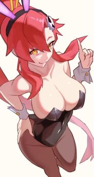 1girl animal_ear_hairband animal_ears bare_shoulders black_leotard breasts cleavage covered_navel detached_collar fake_animal_ears hair_ornament hair_stick hairband highleg highleg_leotard highres large_breasts leotard long_hair looking_at_viewer navel pantyhose playboy_bunny ponytail rabbit_ear_hairband rabbit_ears red_hair simple_background skull_hair_ornament smile solo strapless strapless_leotard tengen_toppa_gurren_lagann ura_dora very_long_hair white_background white_wrist_cuffs wrist_cuffs yellow_eyes yoko_littner