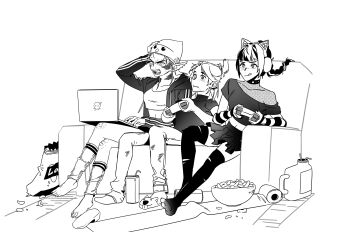 3girls absurdres animal_ear_headphones animal_ears annoyed baldur's_gate baldur's_gate_3 barefoot beanie bowl braid can cat_ear_headphones cat_ears chips_(food) closed_mouth commentary_request computer contemporary couch crop_top dungeons_&amp;_dragons dungeons_&amp;_dragons ear_piercing fake_animal_ears fangs food greyscale hat headphones highres korean_commentary l_maria_427 lae'zel laptop licking_lips monochrome multiple_girls off_shoulder on_couch open_mouth pants piercing pleated_skirt pointy_ears scar scar_on_face shadowheart_(baldur's_gate) single_braid sitting skirt slippers smile tav_(baldur's_gate) thighhighs toes toilet_paper tongue tongue_out torn_clothes torn_thighhighs