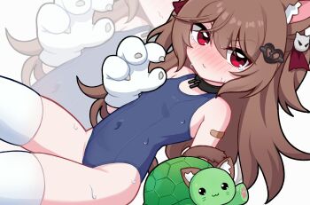 1boy 1girl alternate_costume animal_ears animal_hands bandaid bandaid_on_arm blue_one-piece_swimsuit blush breasts broken_heart broken_heart_hair_ornament brown_hair cat_ears cat_girl cat_paws closed_mouth cowboy_shot evil_neuro-sama gloves hair_between_eyes hair_ornament hair_ribbon heart heart_hair_ornament highres loli long_hair looking_at_viewer neuro-sama one-piece_swimsuit paw_gloves red_eyes red_ribbon ribbon skull_hair_ornament small_breasts swimsuit thighhighs turtle two_side_up vedal987 vedal_ai virtual_youtuber white_thighhighs xiaomacroz zoom_layer
