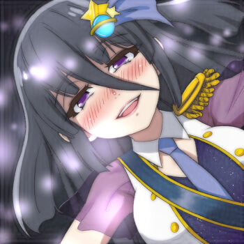 1girl black_background black_hair black_shirt blue_necktie blue_ribbon blush breasts detached_collar epaulettes hair_ornament hair_ribbon long_hair looking_at_viewer medium_breasts necktie open_clothes open_mouth open_vest planet_hair_ornament purple_eyes ribbon sash shirt short_sleeves smile standing star_(symbol) star_hair_ornament t_jiroo_(ringofriend) teeth upper_body vest white_vest yamada_tae zombie_land_saga