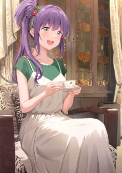 1girl blush cabinet chair collarbone cup dress flower green_eyes green_shirt hair_bun hair_flower hair_ornament highres holding holding_cup holding_saucer indoors link!_like!_love_live! long_hair love_live! open_mouth otomune_kozue ponytail purple_hair saucer shamakho shirt short_sleeves side_ponytail sidelocks single_side_bun sitting smile solo teacup virtual_youtuber white_dress