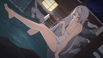 absurdres barefoot blowing_kiss breasts cleavage commentary earrings english_commentary feet foot_focus frieren green_eyes highres jewelry long_hair naked_towel night one_eye_closed onsen pointy_ears presenting_foot small_breasts snow soaking_feet sousou_no_frieren toes towel very_long_hair wet_towel white_hair x_xith_x