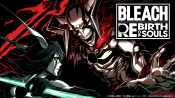 2024 2boys black_background black_hair bleach bleach:_rebirth_of_souls copyright_name espada facial_mark fighting fingernails fur_trim holding holding_sword holding_weapon hollow_hole hollow_ichigo hollow_mask horns kurosaki_ichigo mask medium_hair multiple_boys official_art promotional_art sharp_fingernails simple_background sword tensa_zangetsu_(bankai) ulquiorra_cifer weapon yellow_eyes zanpakutou