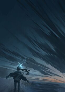 1girl absurdres black_hair black_shorts black_tank_top blue_archive blue_halo clenched_hand from_behind grey_jacket halo highres jacket kani_etizen03 long_hair night outstretched_arms rain saori_(blue_archive) saori_(swimsuit)_(blue_archive) scenery shorts sky solo spread_arms tank_top