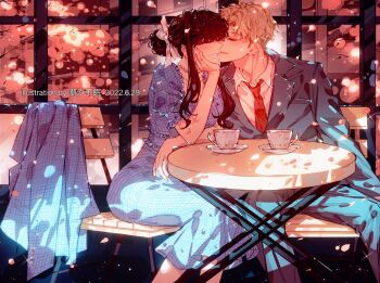 1boy 1girl black_hair blonde_hair blue_dress blush breasts chair chaoxibumian closed_eyes collared_shirt couple cup dated dress formal_clothes grey_jacket grey_pants grey_suit grin hair_between_eyes hair_bun hair_ribbon head_on_hand hetero highres imminent_kiss jacket long_dress long_hair medium_breasts necktie pants parted_bangs parted_lips puffy_short_sleeves puffy_sleeves red_necktie ribbon saucer shirt short_hair short_sleeves sidelocks sitting smile spy_x_family suit suit_jacket table teacup teeth twilight_(spy_x_family) unworn_jacket updo white_ribbon white_shirt window yor_briar