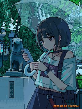 1girl black_choker black_hair blue_hair bob_cut cellphone choker colored_inner_hair commentary_request dated dithering holding holding_phone jewelry looking_at_phone multicolored_hair nanami_yuki_(yuki77mi) necklace original outdoors phone rain skirt smartphone smartwatch solo statue transparent transparent_umbrella umbrella watch wristwatch