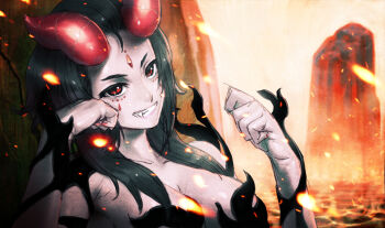 1girl arm_support bindi black_hair breasts chyko demon demon_girl facial_mark fang fantasy female_focus fingernails horns lava long_hair nail_polish original red_eyes smile solo