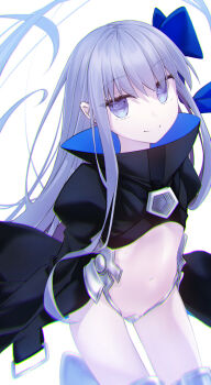 1girl black_jacket blue_eyes blue_ribbon blush breasts cropped_jacket crotch_plate fate/grand_order fate_(series) hair_ribbon highres jacket long_hair long_sleeves looking_at_viewer meltryllis_(fate) navel purple_hair ribbon sleeves_past_fingers sleeves_past_wrists small_breasts smile solo thighs very_long_hair yubeshi_(zecxl)