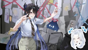 2girls absurdres aerith_gainsborough asymmetrical_horns black_hair black_horns black_necktie blue_hair box breasts cloud_strife collared_shirt colored_inner_hair evidence_board final_fantasy final_fantasy_vii grey_pants highres hololive hololive_english horns indie_virtual_youtuber it's_always_sunny_in_philadelphia jailbird_(nerissa_ravencroft) large_breasts long_hair meme monarch_(amalee) multicolored_hair multiple_girls necktie nerissa_ravencroft pants paper pepe_silvia_(meme) red_eyes sephiroth shirt shirt_tucked_in thekaiyip tifa_lockhart virtual_youtuber white_hair white_shirt zack_fair