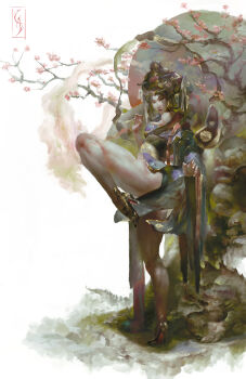 1girl brown_hair capcom chinese_clothes christian_angel chun-li dragon eastern_dragon hair_ornament highres long_hair muscular muscular_female solo standing standing_on_one_leg street_fighter tree white_background