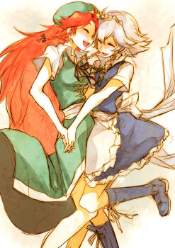 Rule 34 | 2girls, beret, boots, braid, china dress, chinese clothes, dancing, dress, closed eyes, female focus, grey hair, holding hands, happy, hat, hong meiling, izayoi sakuya, long hair, maid, multiple girls, red hair, short hair, skirt, smile, embodiment of scarlet devil, tima, touhou, very long hair