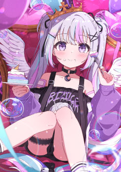 1girl absurdres ayatsuno_yuni bandaid black_choker black_shirt blush bubble cake choker closed_mouth eating food food_on_face fork grey_hair hair_ornament highres holding holding_fork holding_plate long_hair looking_at_viewer multicolored_hair o-ring o-ring_choker off-shoulder_shirt off_shoulder pink_hair plate purple_eyes shirt sitting solo stellive streaked_hair twintails virtual_youtuber wings x_hair_ornament yu_wo