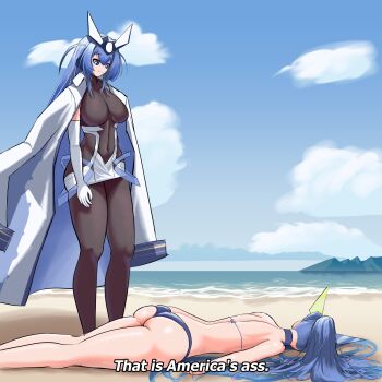 2girls ass avengers:_endgame avengers_(series) azur_lane beach bikini black_bodysuit blue_bikini blue_eyes blue_hair bodysuit cloud coat coat_on_shoulders commentary dual_persona elbow_gloves english_commentary english_text gloves hair_ornament highres lying marvel marvel meme multiple_girls new_jersey_(azur_lane) new_jersey_(midsummer_leisure)_(azur_lane) official_alternate_costume official_alternate_hairstyle on_stomach parody parttimetoast ponytail subtitled swimsuit white_gloves
