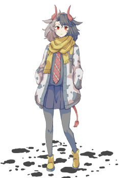 1girl alternate_costume animal_ears animal_print backpack bag black_hair black_pantyhose black_skirt black_sweater boots closed_mouth coat commentary_request cow_ears cow_horns cow_print cow_tail dot_nose expressionless full_body grey_hair hands_in_pockets highres horns jack_(wkm74959) light_blush long_sleeves looking_at_viewer medium_hair miniskirt mud multicolored_hair necktie open_clothes open_coat pantyhose parted_bangs plaid_clothes plaid_necktie pleated_skirt red_eyes red_horns red_necktie red_tail rubber_boots scarf skirt solo split-color_hair standing sweater tail touhou ushizaki_urumi white_background yellow_boots yellow_scarf