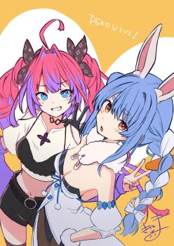 +_+ 2girls absurdres ahoge animal_ear_fluff animal_ears bare_shoulders belt belt_buckle black_belt black_gloves black_leotard black_shorts blue_eyes blue_hair blush bow braid breasts brown_pantyhose buckle carrot_hair_ornament clothing_cutout commentary_request crop_top detached_sleeves don-chan_(usada_pekora) dress food-themed_hair_ornament fur-trimmed_gloves fur_trim gloves grin hair_bow hair_intakes hair_ornament hand_on_another's_shoulder heart highres hololive hololive_dev_is kikirara_vivi kiritoma leotard midriff multicolored_hair multiple_girls navel orange_background pantyhose parted_lips pink_hair puffy_short_sleeves puffy_sleeves purple_hair rabbit-shaped_pupils rabbit_ears red_eyes shirt short_eyebrows short_shorts short_sleeves shorts shoulder_cutout signature small_breasts smile strapless strapless_dress strapless_leotard symbol-shaped_pupils thick_eyebrows twin_braids twintails two-tone_hair usada_pekora usada_pekora_(1st_costume) virtual_youtuber w white_bow white_dress white_hair white_shirt white_sleeves