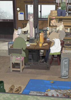 2boys 2girls air_conditioner analog_clock animal_ears autumn_leaves black_eyes black_footwear blue_pants bottle box brown_hair calendar_(object) candy carpet chair clock coat coffee_pot commentary_request cup denim dog_boy dog_ears dog_girl dog_tail food from_behind full_body furry furry_female furry_male glass green_jacket green_pants grey_hair grey_jacket half-closed_eyes highres holding holding_coffee_pot hood hooded_jacket indoors jacket jeans juice kettle leaf loafers long_hair long_sleeves multiple_boys multiple_girls on_chair open_clothes open_coat orange_juice orange_shirt original pants pillar plaid_clothes plaid_jacket ponytail red_sweater saucer scenery shadow shirt shoes short_hair short_ponytail sitting sneakers snout snow spiked_hair standing sweater tail taracod teacup tree turtleneck turtleneck_sweater unworn_shoes white_coat white_sweater window zipper