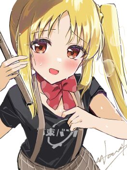 1girl black_shirt blonde_hair blush bocchi_the_rock! bow bowtie choppy_bangs commentary_request cowboy_shot drumsticks grey_skirt hands_up highres holding holding_drumsticks ijichi_nijika kessoku_band_logo kessoku_band_t-shirt long_hair looking_at_viewer open_mouth polka_dot polka_dot_bow polka_dot_bowtie raised_inner_eyebrows red_bow red_bowtie red_eyes shirt shirt_tug short_sleeves side_ponytail simple_background skirt solo sweat t-shirt wano_(azayakam) wet wet_hair white_background