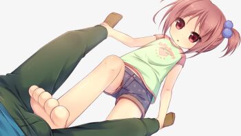 1boy 1girl :o ankle_grab aoi_aruma barefoot blue_shirt breasts clueless cowboy_shot crotch_stomping denim denim_shorts denki_anma flat_chest foot_focus footjob_over_clothes from_below game_cg green_pants green_shirt holding_another&#039;s_ankle holding_another&#039;s_foot holding_another&#039;s_legs jissai_no_tokoro kumura_hibari_(jissai_no_tokoro) legs_up loli lying on_back open_mouth pants parted_lips pink_eyes pink_hair pink_shirt shirt short_hair short_sleeves shorts sidelocks simple_background spread_legs standing stepped_on stomping t-shirt transparent_background twintails two-tone_shirt variant_set