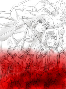 2girls ^_^ ^o^ alice_margatroid alice_margatroid_(pc-98) blush book capelet closed_eyes cowboy_shot hair_bobbles hair_ornament lineart long_hair looking_at_viewer multiple_girls red_theme ribbon shinki_(touhou) side_ponytail simple_background split_screen standing touhou touhou_(pc-98) very_long_hair white_background white_theme