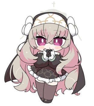 Rule 34 | 1girl, :o, black dress, black gloves, black shoes, blue archive, blush stickers, brown hair, brown thighhighs, chibi, commentary request, dress, frilled dress, frilled sleeves, frills, full body, gloves, hair between eyes, halo, interlocked fingers, long hair, long sleeves, looking at viewer, miranofuudoria, own hands clasped, own hands together, parted lips, puffy long sleeves, puffy sleeves, purple eyes, sakurako (blue archive), shoes, simple background, sleeves past wrists, solo, standing, thighhighs, veil, very long hair, white background