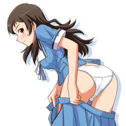 Rule 34 | 1girl, ass, blouse, blue ribbon, blue shirt, blue skirt, blush, brown eyes, brown hair, closed mouth, clothes pull, commentary, cowboy shot, crotch seam, dressing, frown, highres, idolmaster, idolmaster million live!, kitazawa shiho, leaning forward, lielos, long hair, looking at viewer, looking back, neck ribbon, open clothes, open skirt, panties, pulled by self, ribbon, school uniform, shadow, shirt, short sleeves, simple background, skirt, skirt pull, solo, standing, summer uniform series (idolmaster), underwear, white background, white panties