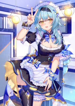 1girl absurdres alternate_costume apron black_dress black_hairband black_thighhighs black_wrist_cuffs blue_bow blue_bowtie blue_hair blue_ribbon blush bow bowtie breasts chinese_commentary clean cleavage_cutout clothing_cutout commentary_request cowboy_shot dress enmaided eula_(genshin_impact) frilled_apron frilled_sleeves frilled_thigh_strap frills genshin_impact hair_between_eyes hair_bow hairband hand_up highres indoors light_blue_hair long_hair looking_at_viewer maid maid_apron maid_headdress medium_breasts nail_polish parted_lips partial_commentary pink_nails puffy_sleeves ribbon single_thighhigh solo thigh_strap thighhighs v white_apron wrist_cuffs wrist_ribbon wuyinlou yellow_eyes