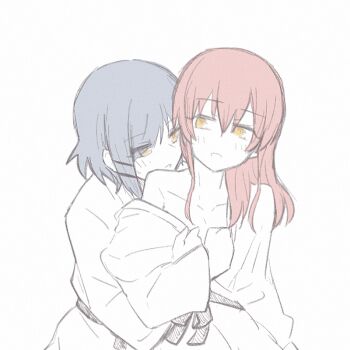 2girls bare_shoulders blue_hair blush bocchi_the_rock! clothes_down clothes_pull collarbone couple hair_ornament hug kita_ikuyo long_sleeves looking_at_another medium_hair multiple_girls open_mouth red_hair robe white_robe yakaze_(yakaze1604) yamada_ryo yuri