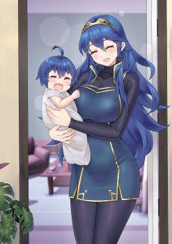 2girls absurdres adapted_costume ahoge alternate_breast_size_(larger) arm_under_breasts baby blue_dress blue_hair blurry blurry_background blush breasts carrying carrying_person closed_eyes commentary couch crying cup doorway dress english_commentary female_morgan_(fire_emblem) fire_emblem fire_emblem_awakening groin hair_between_eyes happy highres impossible_clothes large_breasts long_hair long_sleeves lucina_(fire_emblem) mother_and_daughter multiple_girls nintendo open_door open_mouth pantyhose plant popped_collar potted_plant redkite333 sad short_dress short_hair sidelocks table tareme tiara very_long_hair wide_hips