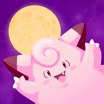black_sclera brian_danger_art clefable colored_sclera colored_skin commentary english_commentary full_moon gen_1_pokemon moon night nintendo open_mouth pink_skin pokemon pokemon_(creature) purple_sky single_tooth sky smile white_eyes