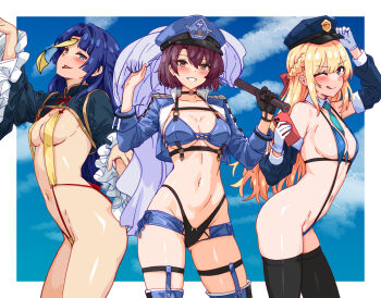 3girls ;q aqua_necktie arm_up azur_lane bakasp-lilzy baltimore_(azur_lane) baltimore_(azur_lane)_(cosplay) baltimore_(finish_line_flagbearer)_(azur_lane) bare_shoulders baseball_bat between_breasts bikini black_bikini black_choker black_shrug black_thighhighs blonde_hair blue_bikini blue_eyes blue_hair blue_hat blue_jacket blue_sleeves blue_slingshot_swimsuit blue_thighhighs braid breasts celina_(bakasp-lilzy) character_request choker cleavage closed_mouth commentary contrapposto cosplay cropped_jacket detached_collar detached_sleeves english_commentary gloves gluteal_fold grin halterneck hand_on_headwear hat highleg highleg_bikini highres holding holding_baseball_bat holding_phone jacket large_breasts long_hair long_sleeves looking_at_viewer medium_breasts micro_shorts mismatched_bikini multiple_girls navel necktie necktie_between_breasts ofuda one_eye_closed open_clothes open_jacket original parted_bangs peaked_cap phone police police_hat police_uniform policewoman purple_hair race_queen red_eyes revealing_clothes sherry_(bakasp-lilzy) short_hair short_necktie shorts shrug_(clothing) shuna_(bakasp-lilzy) skindentation slingshot_swimsuit smile stomach swimsuit thigh_strap thighhighs thighs tongue tongue_out unconventional_police_uniform white_gloves