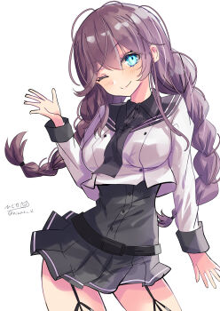 1girl absurdres belt black_belt black_sailor_collar black_shirt black_skirt braid breasts brown_hair cowboy_shot dress_shirt garter_straps green_eyes highres hizaka kantai_collection large_breasts long_hair long_sleeves looking_at_viewer noshiro_(kancolle) noshiro_kai_ni_(kancolle) one_eye_closed pleated_skirt sailor_collar sailor_shirt school_uniform shirt signature skirt solo twin_braids
