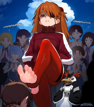 6+girls akagi_ritsuko ayanami_rei barefoot blue_eyes blue_sky bodysuit breasts brown_hair character_request clapping cloud cloudy_sky congratulations disdain english_text eyepatch feet highres humiliation ikari_shinji katsuragi_misato kneeling legs long_hair mecha_pilot_suit meme multiple_girls neon_genesis_evangelion official_alternate_hairstyle omedetou!_(meme) orange_hair parody pathetic_(meme) patreon_username penpen plugsuit_(evangelion) rebuild_of_evangelion red_bodysuit rezodwel scene_reference simple_background sky soles souryuu_asuka_langley stirrup_legwear toeless_legwear toes
