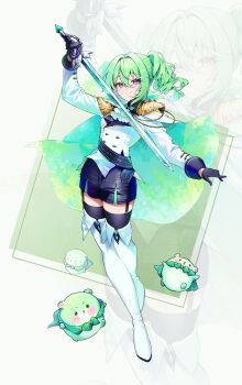 1girl 46_coffee ascot black_gloves black_shorts black_thighhighs blue_eyes boots buttons cape chico_(yuzuha_riko) closed_mouth commentary double-breasted full_body garter_straps gloves gradient_eyes green_cape green_hair highres holding holding_sword holding_weapon multicolored_eyes shirt shorts stellive sword thigh_boots thighhighs twintails two-sided_cape two-sided_fabric virtual_youtuber weapon white_ascot white_boots white_cape white_shirt yuzuha_riko