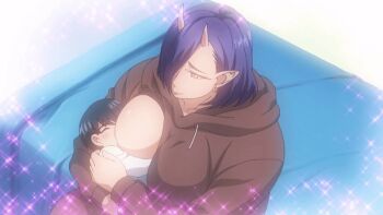 1boy 1girl 2024 20s age_difference animated animated_gif anime_screenshot baby black_hair blush breast_sucking breastfeeding breasts breasts_out brown_hoodie closed_eyes drawstring earrings elf-san_wa_yaserarenai. hair_over_one_eye hood hoodie horns jewelry large_breasts long_sleeves naoe_tomoatsu oga_(elf-san_wa_yaserarenai.) onee-shota open_mouth purple_hair short_hair smile tagme