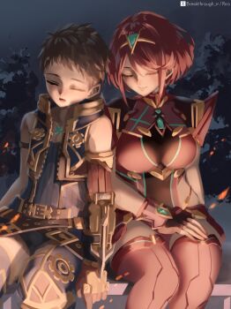 1boy 1girl absurdres arm_strap artist_name bare_shoulders blue_vest breasts brown_hair chest_jewel closed_eyes commentary_request completion_time core_crystal_(xenoblade) embers fingerless_gloves gem gloves green_gemstone highres impossible_clothes large_breasts night open_mouth pyra_(xenoblade) red_hair red_thighhighs rex_(xenoblade) riro_(breakthrough_rr) short_hair sitting sleeping smile thighhighs tiara twitter_x_logo vest xenoblade_chronicles_(series) xenoblade_chronicles_2