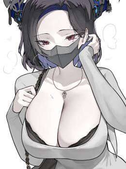 1girl absurdres adjusting_hair alternate_costume asymmetrical_horns bag black_bag black_bra black_hair blue_hair bra bra_peek breasts cleavage collarbone colored_inner_hair covered_navel demon_horns dongtan_dress dress ewn flower grey_dress hand_up handbag hashtag-only_commentary highres hololive hololive_english horn_flower horns huge_breasts lace lace-trimmed_bra lace_trim long_sleeves looking_at_viewer mask mole mole_under_eye mouth_mask multicolored_hair necklace_between_breasts nerissa_ravencroft red_eyes scoop_neck simple_background solo taut_clothes taut_dress tight_clothes tight_dress two-tone_hair underwear uneven_horns upper_body virtual_youtuber white_background