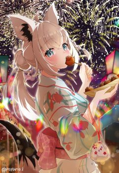 1girl absurdres ahoge animal_ear_fluff animal_ears artist_name blurry blurry_background blush bowl braid commentary_request earrings eating fireworks fox_ears fox_girl fox_tail green_eyes hair_between_eyes highres holding holding_bowl hololive holonatsu_paradise japanese_clothes jewelry kimono long_hair looking_at_viewer obi payano_i sash shirakami_fubuki sidelocks single_braid solo tail virtual_youtuber white_hair yukata