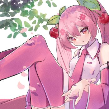 Rule 34 | 1girl, bare shoulders, boots, breasts, cherry blossoms, cherry hair ornament, collared shirt, commentary request, detached sleeves, feet out of frame, food-themed hair ornament, frilled shirt, frilled shirt collar, frills, hair between eyes, hair ornament, hatsune miku, highres, long hair, long sleeves, looking at viewer, medium breasts, miniskirt, necktie, official alternate costume, open mouth, pink boots, pink eyes, pink hair, pink necktie, pink skirt, pink sleeves, pink trim, pleated skirt, sakura miku, sasanoha (sasanoha0712), shirt, skirt, sleeveless, sleeveless shirt, solo, thigh boots, twintails, very long hair, vocaloid, white shirt, white trim