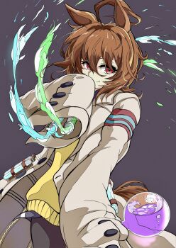 1girl agnes_tachyon_(tach-nology)_(umamusume) agnes_tachyon_(umamusume) ahoge animal_ears black_pantyhose blue_shirt brown_hair brown_tail buttons commentary_request cowboy_shot earrings flask glowing grey_background hair_between_eyes highres holding holding_flask holding_test_tube horse_ears horse_girl horse_tail jewelry jose_(joseeidossei) lab_coat lapels looking_at_viewer medium_hair messy_hair pantyhose red_eyes round-bottom_flask shirt shirt_under_sweater sidelocks single_earring sleeves_past_fingers sleeves_past_wrists smile solo spilling sweater_vest tail test_tube umamusume yellow_sweater_vest zipper