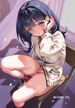 1girl artist_name black_hair blue_eyes blush bottomless bow bowtie cardigan chair closed_mouth gridman_universe highres kink_(tortoiseshell) looking_at_viewer medium_hair on_chair orange_scrunchie parted_lips pussy red_bow red_bowtie red_socks school_chair school_uniform scrunchie socks solo ssss.gridman takarada_rikka thighs white_cardigan wrist_scrunchie