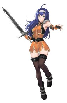 1girl ahoge armpits belt blue_hair closed_mouth dress female_focus fingerless_gloves fire_emblem fire_emblem:_path_of_radiance fire_emblem:_radiant_dawn full_body gloves green_eyes hairband highres holding holding_sword holding_weapon j@ck long_hair mia_(fire_emblem) nintendo short_dress simple_background solo sword weapon white_background white_hairband