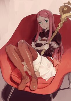 1girl aqua_eyes armor belt blush breasts chair closed_mouth commentary_request dress final_fantasy final_fantasy_tactics_advance gauntlets hair_ornament hairclip holding holding_staff holding_weapon long_hair medium_breasts nakade1 pouch purple_hair ritz_malheur shadow single_gauntlet sitting skirt solo staff thighhighs weapon