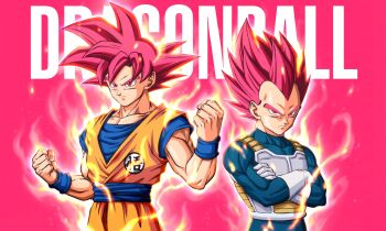 2boys absurdres armor art_jake aura blue_bodysuit blue_sash blue_shirt bodysuit clenched_hands closed_mouth commentary copyright_name crossed_arms dougi dragon_ball dragon_ball_super english_commentary gloves highres medium_hair multiple_boys muscular muscular_male orange_pants orange_shirt pants red_background red_eyes red_hair saiyan_armor sash shirt simple_background son_goku spiked_hair super_saiyan super_saiyan_god upper_body vegeta white_armor white_gloves