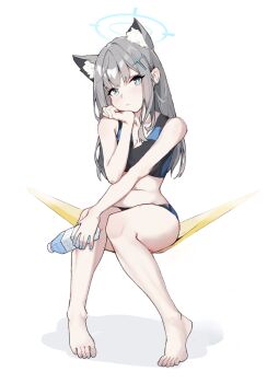 1girl adapted_costume animal_ear_fluff animal_ears barefoot bikini black_bikini blue_archive blue_bikini blue_eyes blue_halo blue_nails blush bottle breasts cleavage closed_mouth commentary_request feet grey_hair hair_ornament halo head_rest highres holding holding_bottle knees_together_feet_apart legs long_hair looking_at_viewer medium_breasts nail_polish navel ningmeng_chamao shiroko_(blue_archive) shiroko_(swimsuit)_(blue_archive) sidelocks simple_background sitting stomach swimsuit toenail_polish toenails toes water_bottle white_background wolf_ears wolf_girl