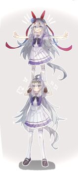 2girls ahoge animal_ears arms_up black_bow black_bowtie black_shoes blue_eyes blue_hairband blue_ribbon blush bow bowtie brown_shoes commentary_request diamond_hair_ornament dr_p_a fang grey_background grey_hair grey_tail hair_between_eyes hairband hands_up highres horse_ears horse_girl horse_tail horseshoe_ornament human_tower invisible_floor jitome loafers long_hair looking_ahead multiple_girls no_mouth no_sclera notice_lines oguri_cap_(umamusume) open_mouth outline outstretched_arms outstretched_hand pleated_skirt puff_of_air puffy_short_sleeves puffy_sleeves purple_shirt purple_skirt red_hairband red_ribbon ribbon sailor_collar sailor_shirt school_uniform serafuku shadow shirt shoes short_sleeves simple_background skirt sparkle stacking standing standing_on_person striped_ribbon summer_uniform t-pose tail tamamo_cross_(umamusume) thighhighs tracen_school_uniform two-tone_hairband two-tone_ribbon two-tone_shirt umamusume v-shaped_eyebrows very_long_hair white_outline white_sailor_collar white_shirt white_skirt white_thighhighs