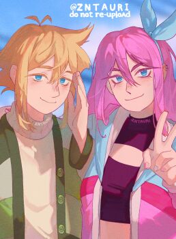 1boy 1girl alternate_costume antenna_hair artist_name aubrey_(faraway)_(omori) aubrey_(omori) basil_(faraway)_(omori) basil_(omori) blonde_hair blue_eyes blue_hairband blue_nails blurry blurry_background cardigan closed_mouth commentary crop_top double-parted_bangs ear_piercing english_commentary green_cardigan hair_between_eyes hairband hand_on_another's_shoulder highres hood hood_down long_hair long_sleeves multicolored_nails omori open_cardigan open_clothes piercing pink_hair pink_nails short_hair sidelocks smile sweater turtleneck turtleneck_sweater v white_sweater zntauri